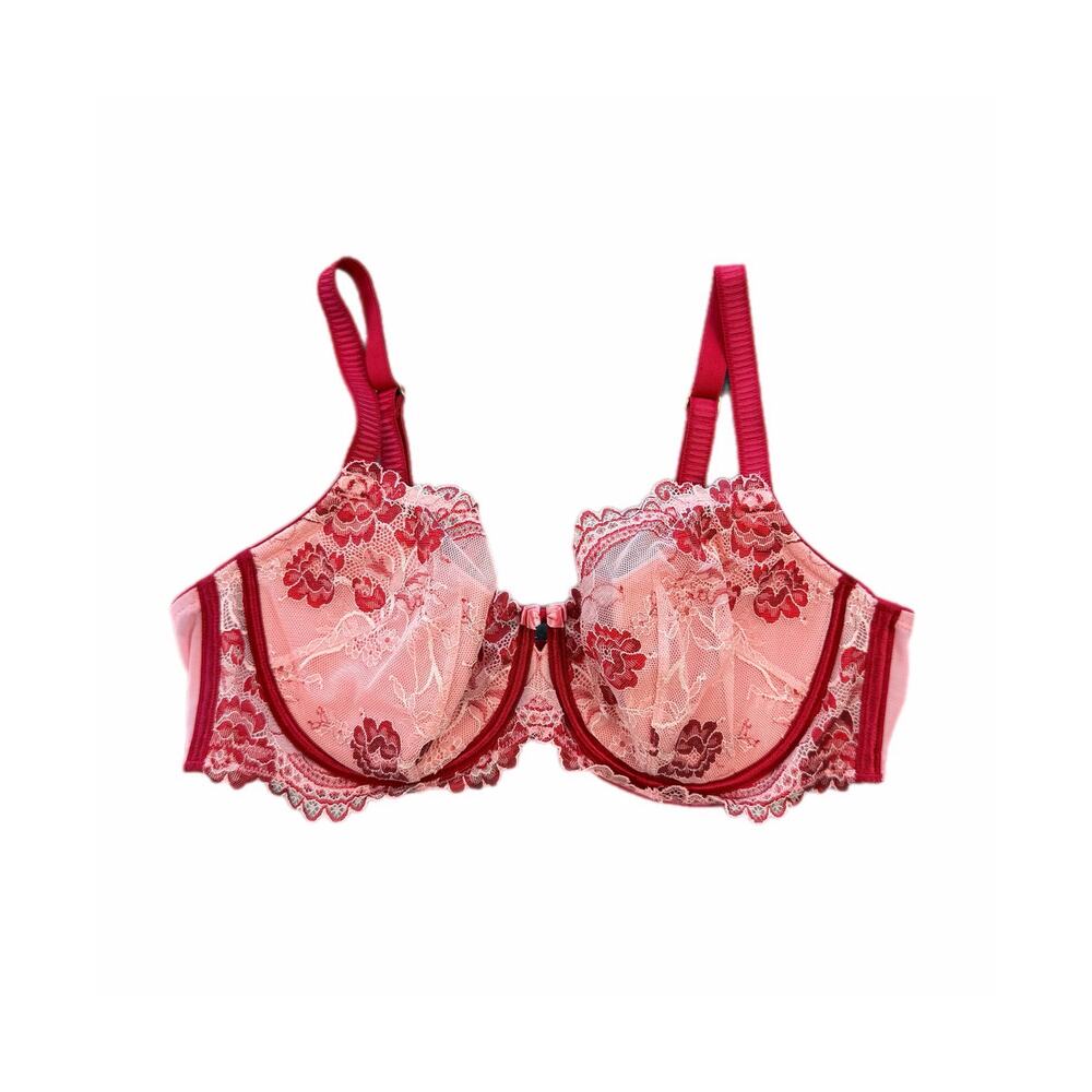 Soma 38C Pink Red Lace Mesh Floral Underwire Flirtation Balconet Adjustable Bra